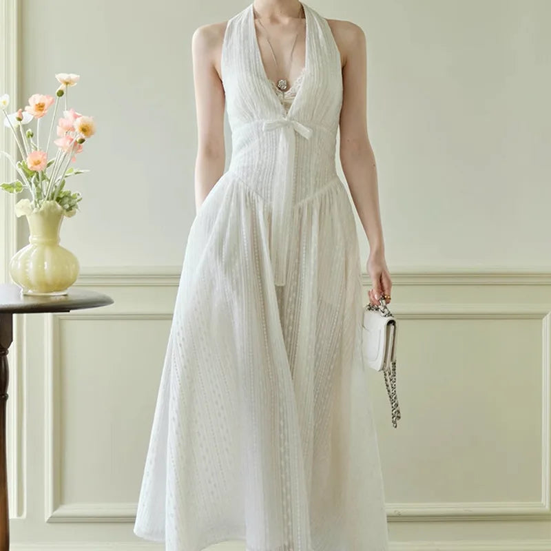 Xajzpa Fashion Casual Dress Women's V Neck Sleeveless Bow Waist Retraction A Line Dresses 2025 Summer New Tide