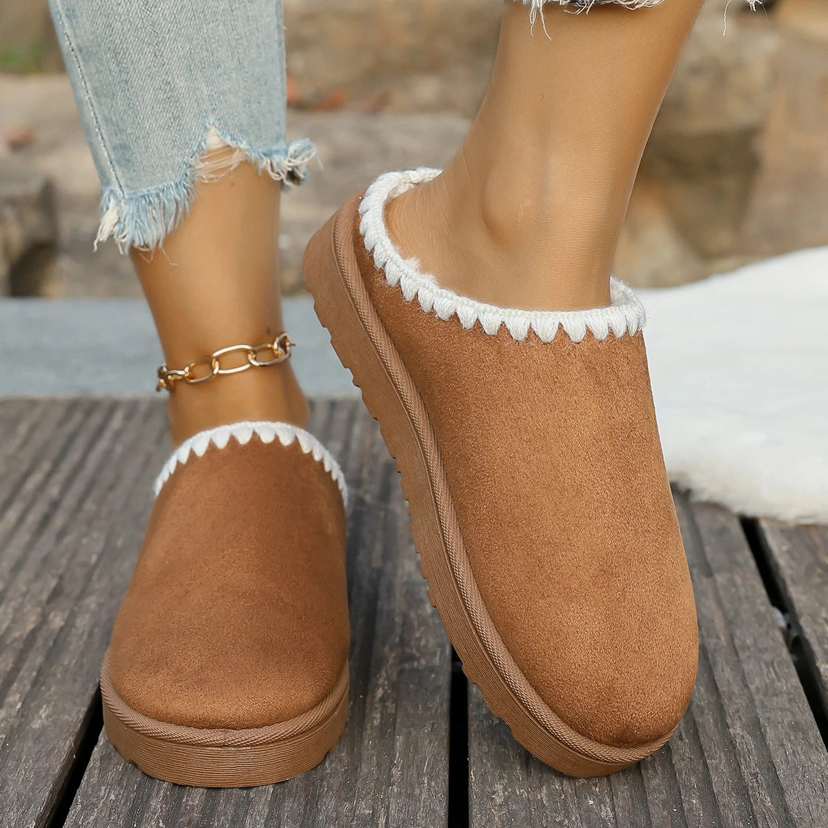 Xajzpa 2025 Winter warm fluffy Woman slippers soft bottom non slip thick plush clogs women Casual Platform House inddor Shoes slides