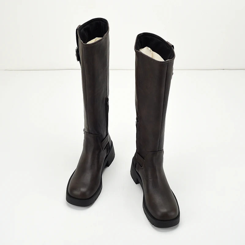 Xajzpa Med Heel Boots Zipper Female Shoes Round Toe Over-the-Knee Ladies Lolita Rubber Leather Flat Mixed Colors  Short Plush Retro PU