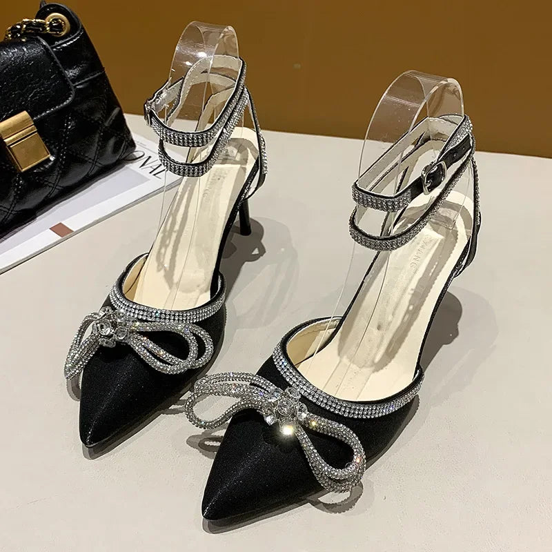 Xajzpa Banquet Dress White High Heels Elegant Temperament Dress Wedding Shoes Rhinestone Pointed Hollow Toe Sexy Sandals for Women