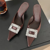 Xajzpa Spring Pointed Toe Crystal Buckle Mules Slippers Women Fashion Thin Heels Casual Party Shoes Zapatos De Mujer