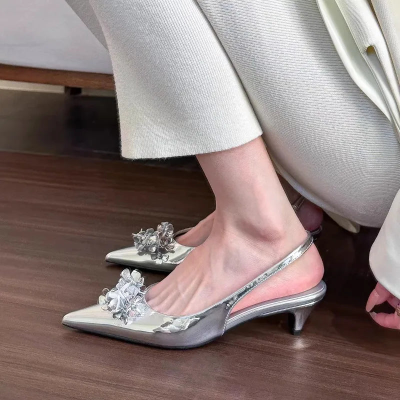 Xajzpa New Style Women's Spring Green Flower Pointed Elegant High Heels for Women Fashion Shallow Mouth Slingbacks Sandals Casual Pumps