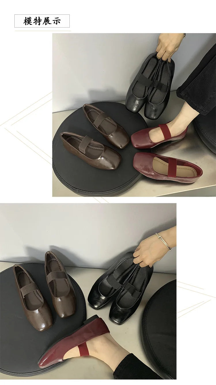 Xajzpa Square Toe Women Flats Shoes Mary Jane Shoes Fashion Shallow Elastic Band Spring Autumn Ladies Comfort Soft Sole Shoes