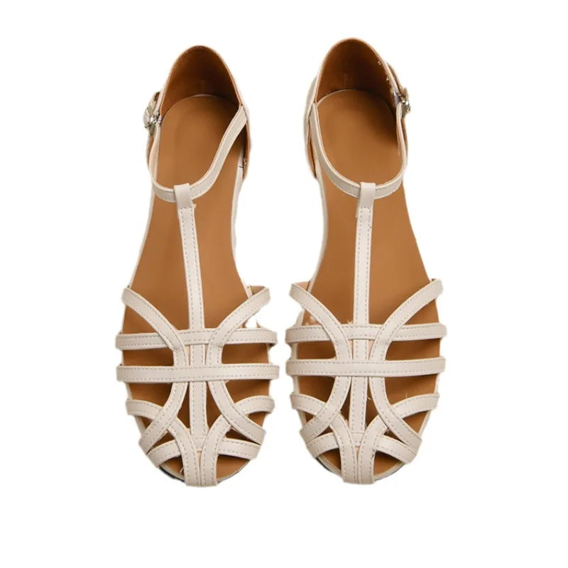 Xajzpa Shoes Female Sandal Women's Girls Beige New Summer Comfort Low Retro Flat Back Strap Square heel Rubber PU Scandals Solid C