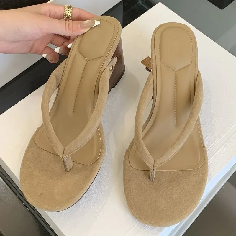 xajzpa New Fashion Shallow Round Clip Toe Wedge Woman Slippers Summer Timber High Heels Flip Flops Slide Shoes