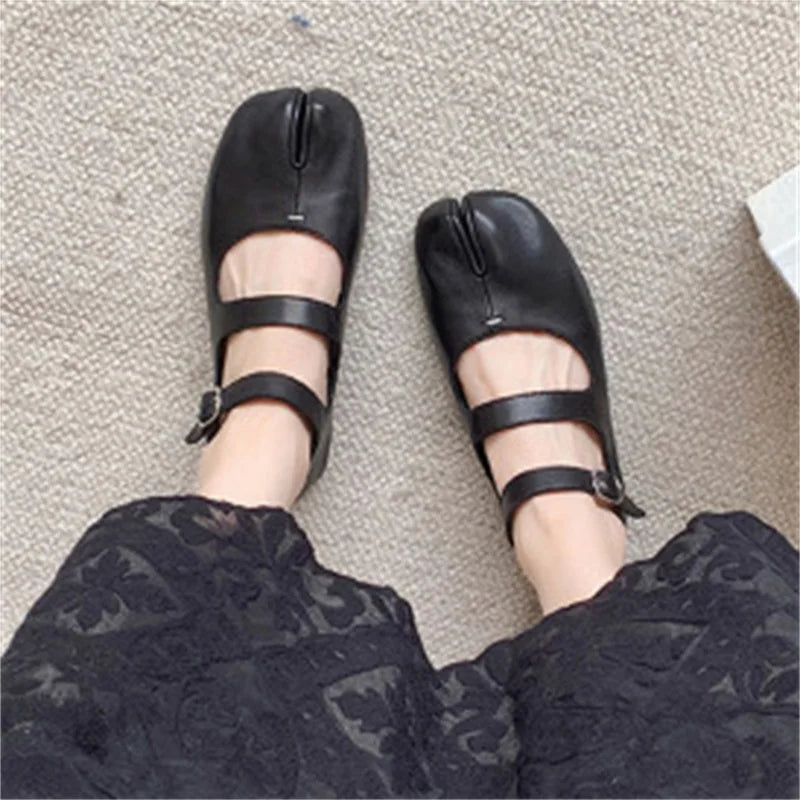 xajzpa Split Toe Flats Shoes Buckle Strap Women Comfort Bottom Ballerina Shoes Soft Leather Solid Outdoor Footwear