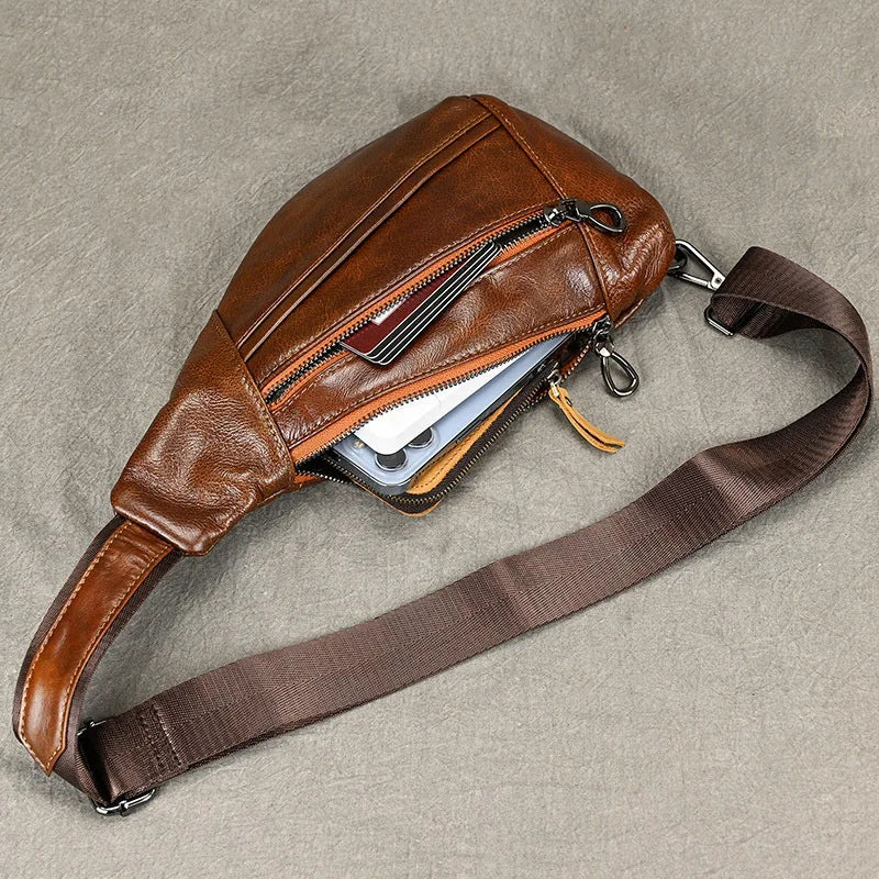 Xajzpa Soft genuine Leather Men's Chest Bag Male Mini Shoulder Crossbody Bag Anti Theft Chest Pack Men Outdoor Summer Sling Bag