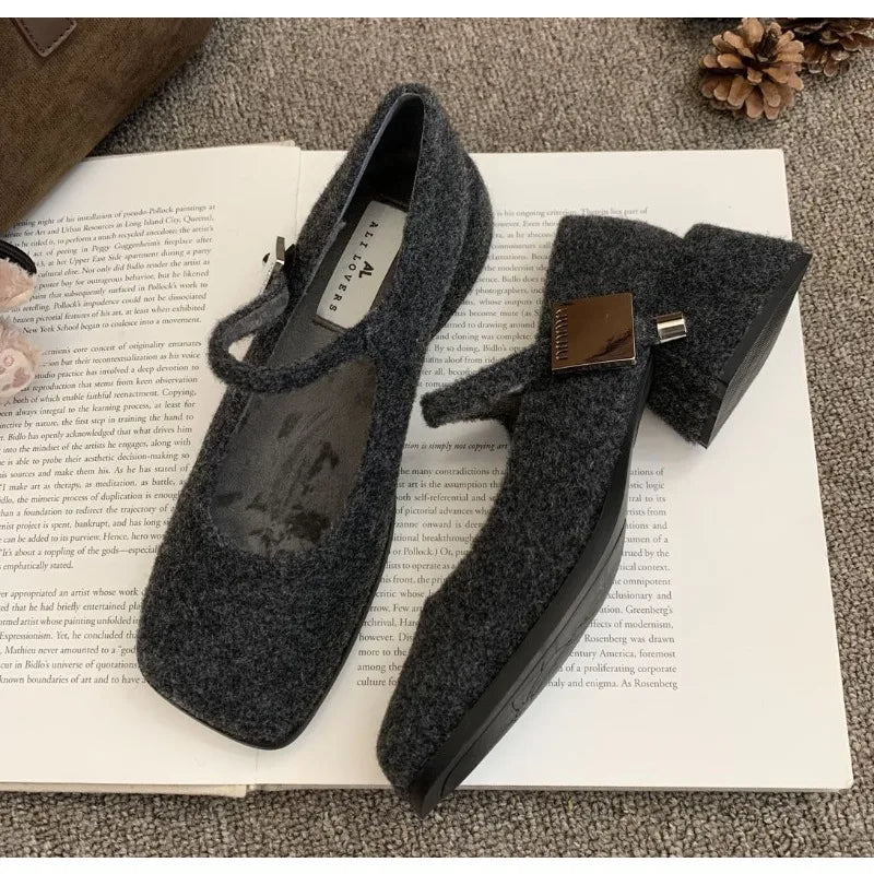 Xajzpa Spring Autumn Women's Luxury Party Shoes Medium Heel Retro Square Toe Velvet Mary Jane Shoes Flat Square Buckle Single Loafers