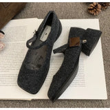 Xajzpa Spring Autumn Women's Luxury Party Shoes Medium Heel Retro Square Toe Velvet Mary Jane Shoes Flat Square Buckle Single Loafers