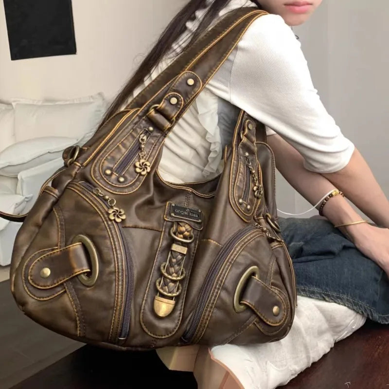 Xajzpa Vintage Brown Y2k Handbag Women Retro Subculture Leather Large Capacity Shoulder Bags Ladies Harajuku Aesthetic Tote Bag