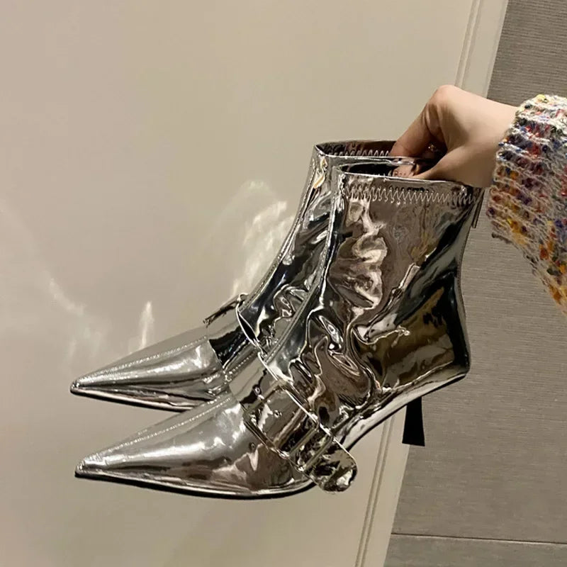 Xajzpa Sexy Pointed Toe Belt Buckle Women Ankle Boots Thin Heels Patent Leather Autumn Zipper Party Shoes