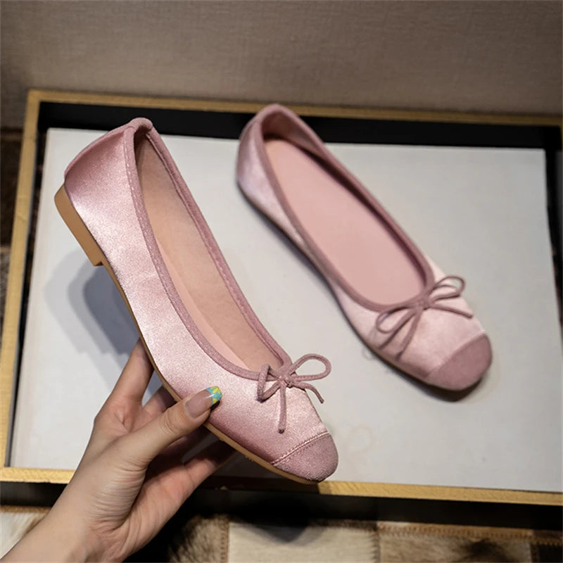 xajzpa Breathable Silk Ballerinas Ballet Flats Women Summer Autumn Slip On Loafers Square Toe Bowknot Flat Casual Shoes