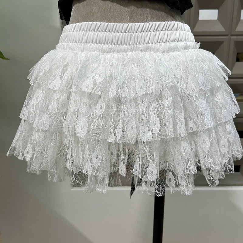 Xajzpa Fashion Two Piece Set Irregular Lace Top + High Waisted Fluffy Skirt Solid Color Female Elegant Birthday Dress New