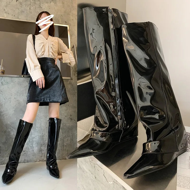 Xajzpa Women Patent Leather Over The Knee Boots New Female Pointy Thigh High Boots Sexy Side Zipper Black High Heels Party Shoes