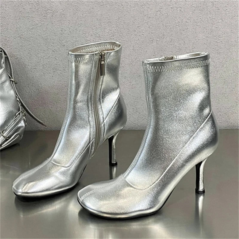 xajzpa Spring Autumn SEXY Round Toe Women Ankle Boots Concise Thin High Heels Shoes Fashion Side Zipper Short Booties