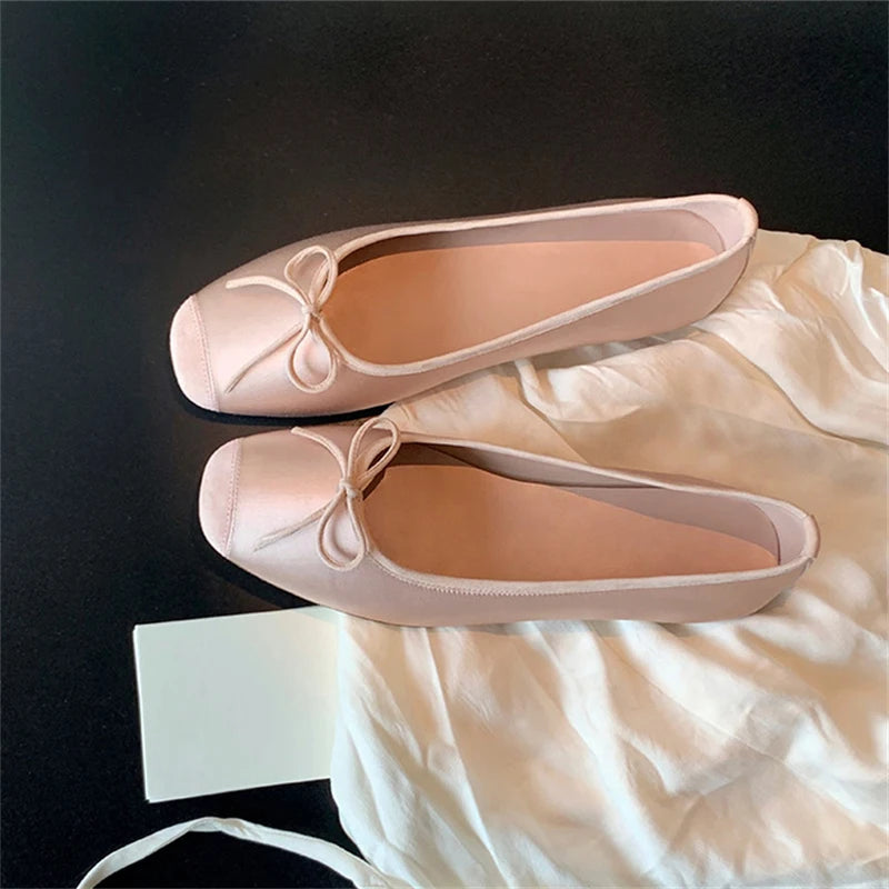 xajzpa Breathable Silk Ballerinas Ballet Flats Women Summer Autumn Slip On Loafers Square Toe Bowknot Flat Casual Shoes