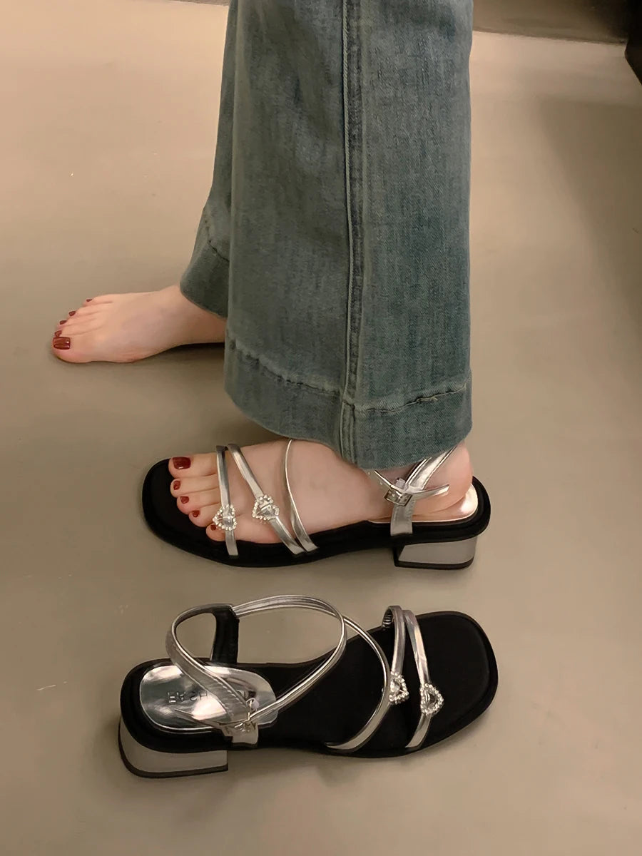 Xajzpa 2025 Summer Sale Of Women's Shoes Clear Heels Female Sandal New Retro Girls Rhinestone Gladiator Block Rome Scandals