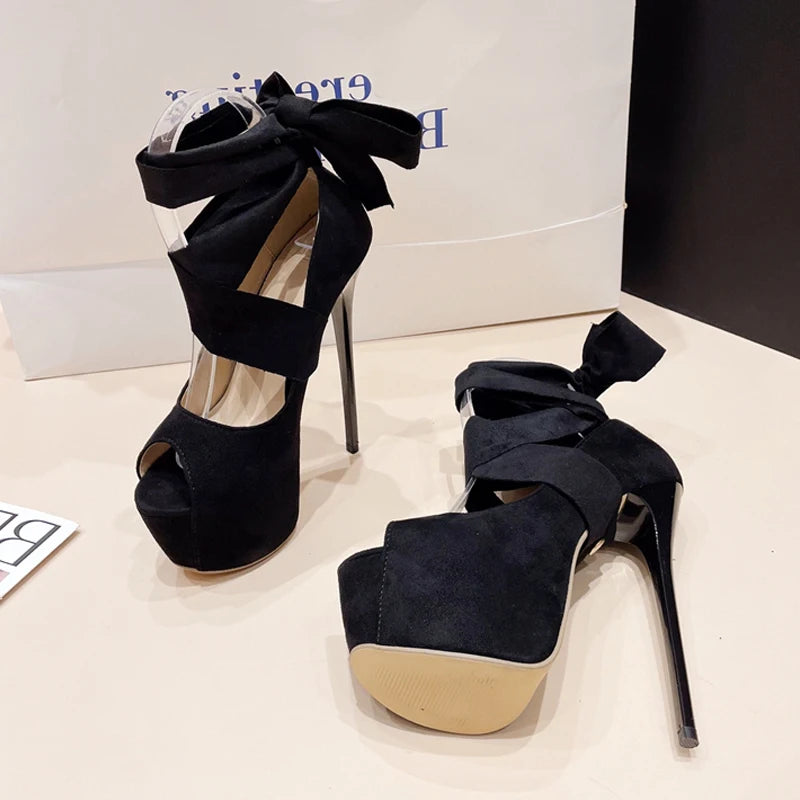 Xajzpa Black High Heels For Women Fashion Ankle Cross Strap Platform Pumps Sexy Peep Toe Party Dress Shoes Stiletto Sandals