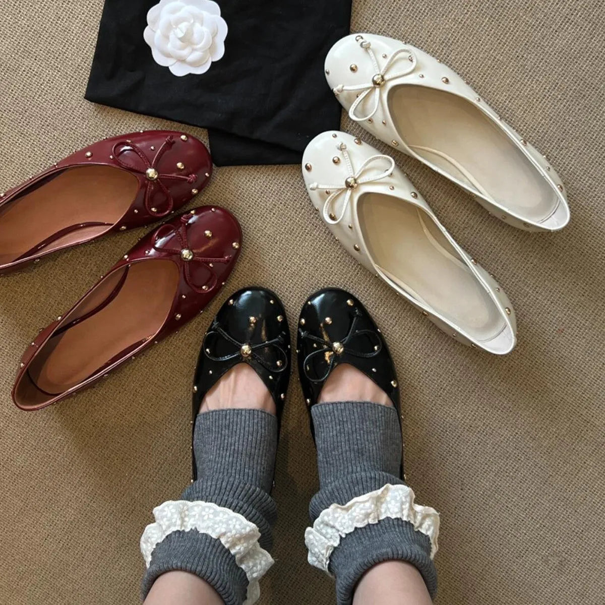 Xajzpa New Women Flat Shoes Autumn Round Toe Shallow Mouth Patent Leather Butterfly Knot Rivet Casual Shoes Soft Sole Single Shoes