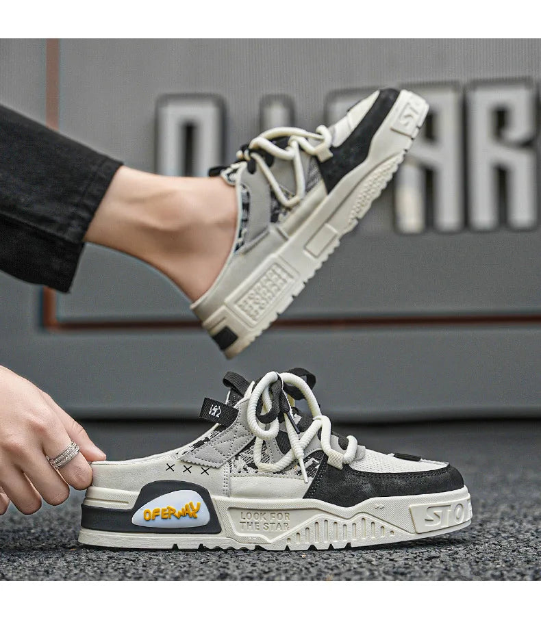 Xajzpa 2025 Summer Fashion Designer Men Half Slipper Breathable Casual Platform Shoes Lightweight Sneakers Outdoor Walking Flats Loafers