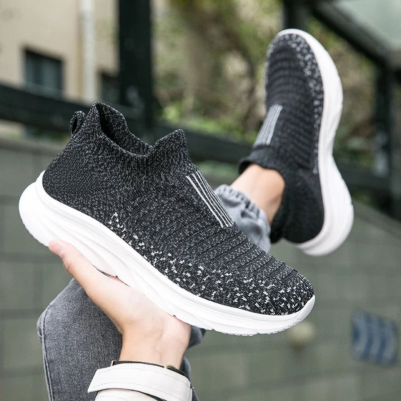 Xajzpa Men Flat Shoes Lazy Plus Size Socks 39-50 High Elasticity Knitted Fabric Comfortable Black Sports Shoes for Walking and Running