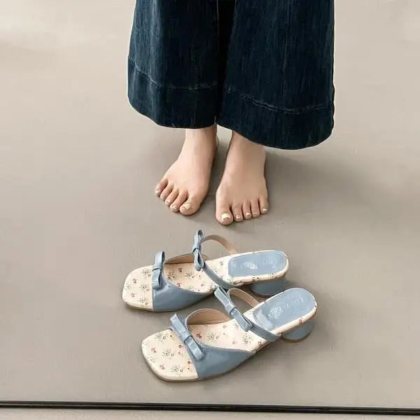Xajzpa Slippers Women Summer Butterfly-Knot Shoes Slides Fashion Square heel Pantofle Luxury Block 2025 Floral Sweet Butterfly-knot