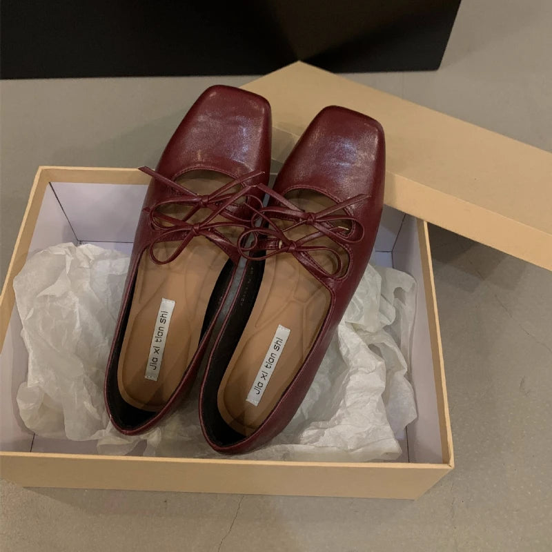 Xajzpa Sweet Double Bowknot Women Mary Jane Shoes New 2024 Square Toe Dress Flat Shoe Ladies Red Soft Sole Shoes Zapatos