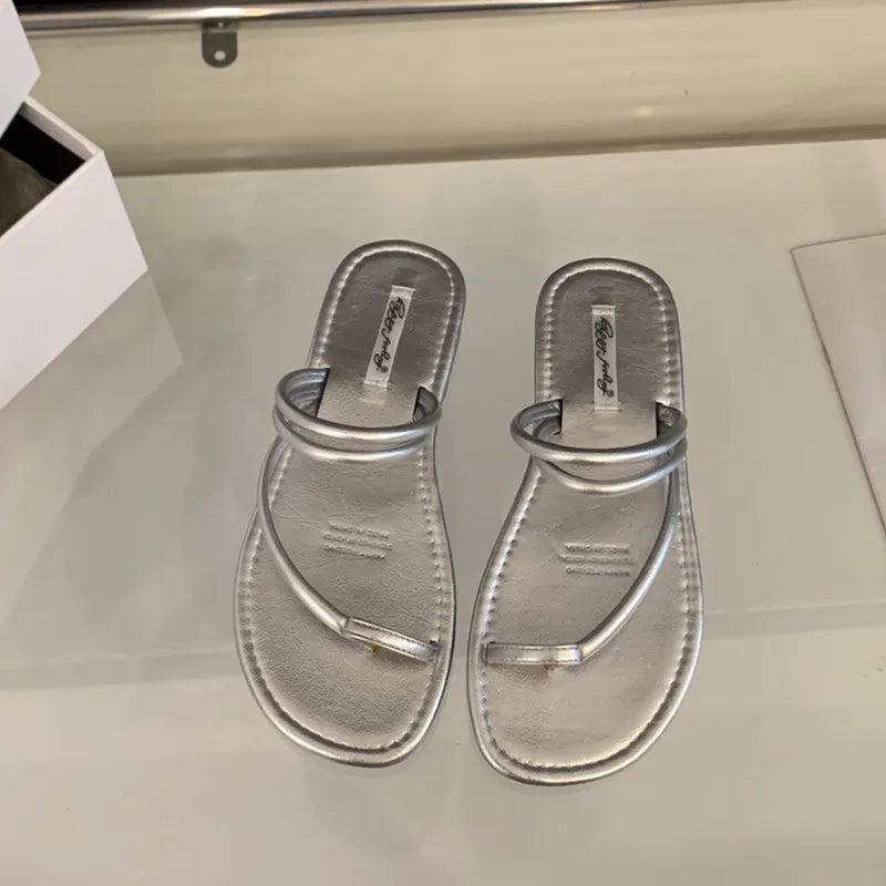 Xajzpa Summer New Brand Women Slippers Fashion Narrow Band Ladies Elegant Slides Flat Heel Outdoor Gladiator Shoes Beach Shoes