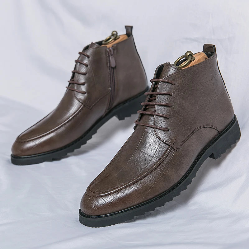 Xajzpa New Men's Trendy Boots Lace up Black Dress Fashionable Breathable Ankle Boots Leather Boots Casual Sports Shoes