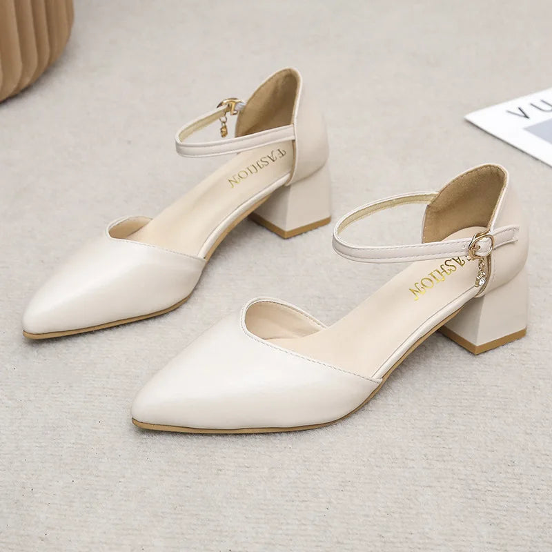 Xajzpa Beige Heeled Sandals Comfort Shoes for Women Med Buckle Strap 2025 Summer Black Block Girls Low Closed High Medium New Fashion S