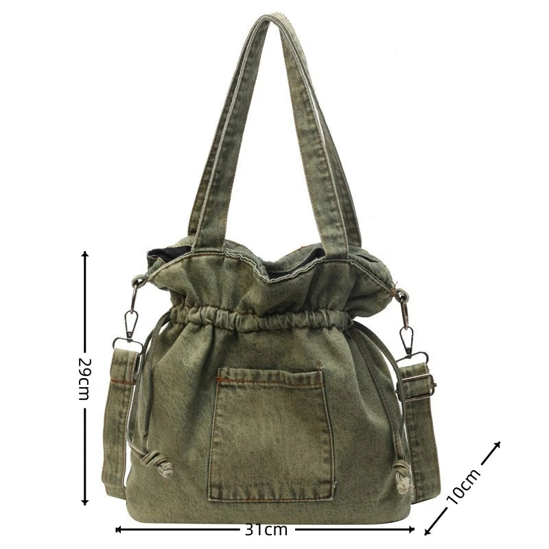 Xajzpa Denim Canvas Shoulder Bag Large Capacity Fashionable Drawstring Design Crossbody Tote Bag Student Textbook Shoulder Handbag