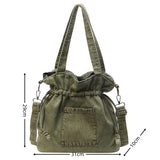 Xajzpa Denim Canvas Shoulder Bag Large Capacity Fashionable Drawstring Design Crossbody Tote Bag Student Textbook Shoulder Handbag