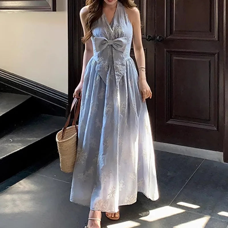 Xajzpa Fashion Embroidered Bow Dress Women's V Neck Off Shoulder Hanging Neck Dresses 2025 Summer New Tide