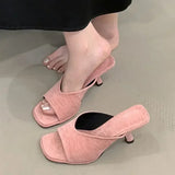 Xajzpa Summer Fashion Square Toe Women Slippers Fashion Thin Low Heels Slide Shoes Elegant Party Dress Zapatos De Mujer