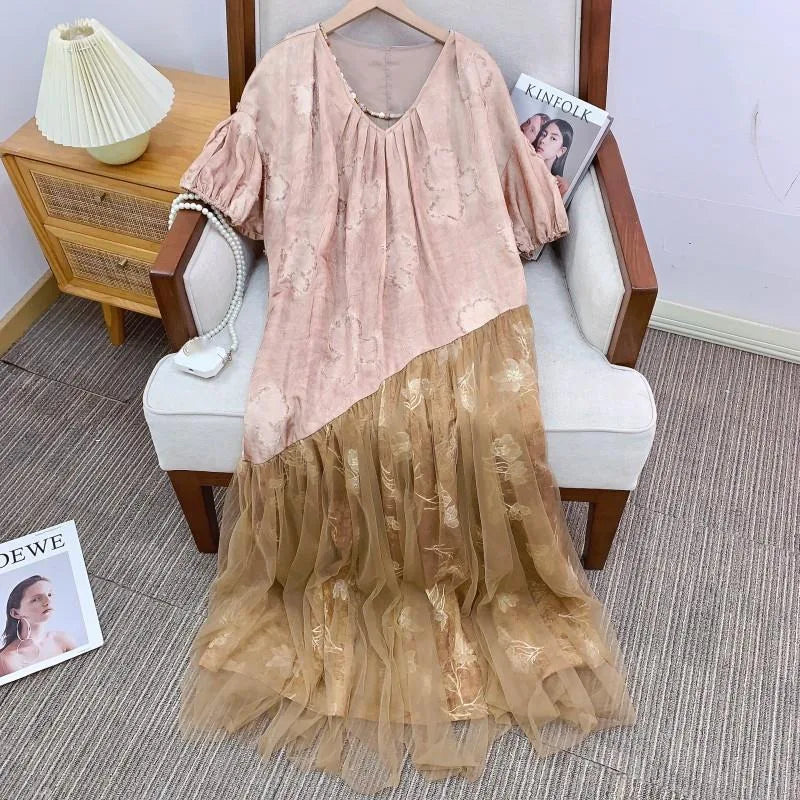 Xajzpa Fashion Lace Mesh Dress Women's V Neck Short Sleeve High Waisted Patchwork Dresses 2025 Summer New Tide