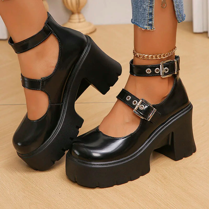 Xajzpa  Chunky Platform Punk Gothic Shoes Women Ankle Buckle Super High Heels Pumps Woman Pu Leather Square Heel Mary Jane Shoes
