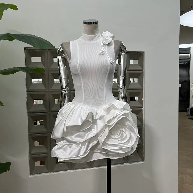 Xajzpa Fashion Women Short Dress Sleeveless Round Neck 3D Flowers Female Summer Evening Party Dresses New Tide