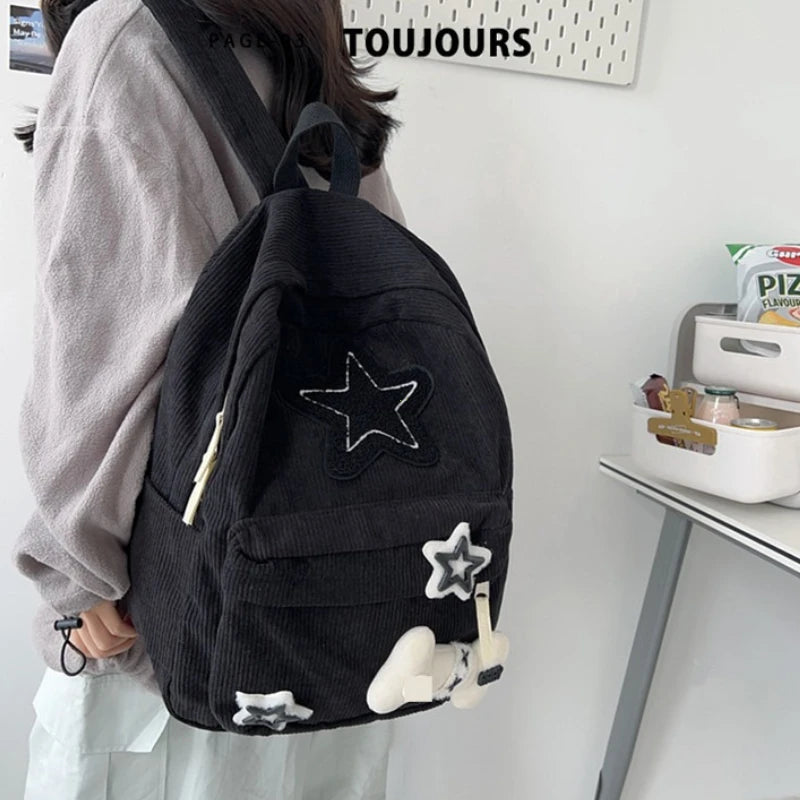 Y2K Girls Star Pattern Laptop Backpack Teen Student Large Capacity School Bookbag Corduroy Rucksack Double Strap Shoulder Bag