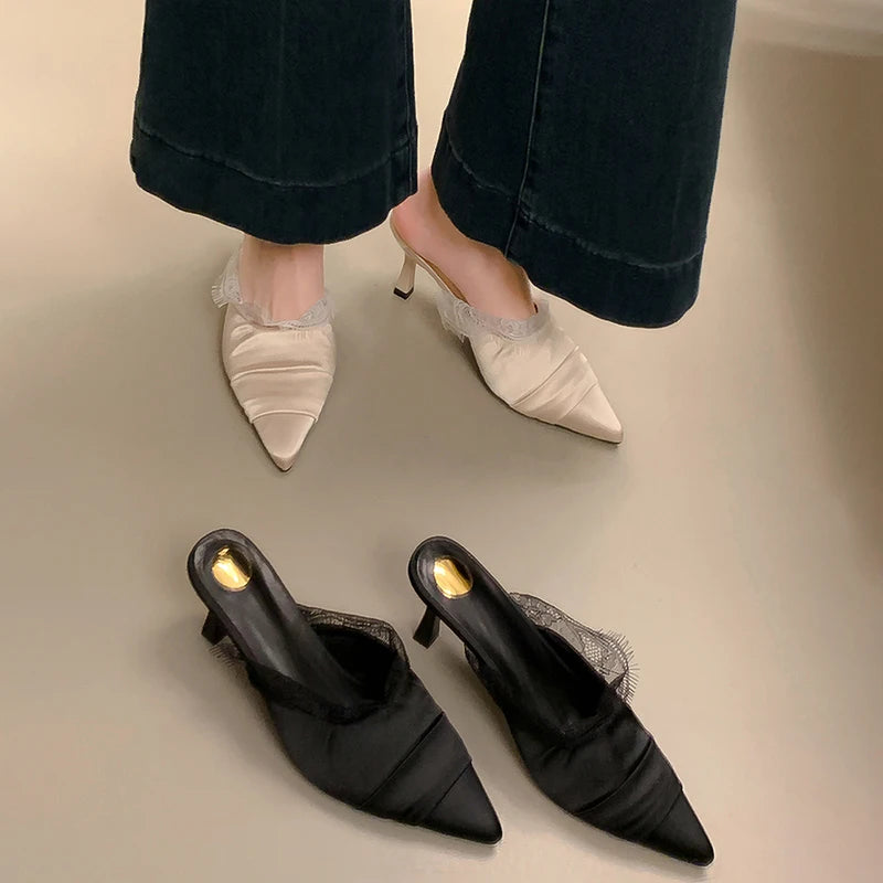 Xajzpa Female Shoes Slippers Women Summer Slides Thin Heels Cover Toe Heeled Mules Lace 2025 High Pointed Shoes Woman 2025 Female Mule