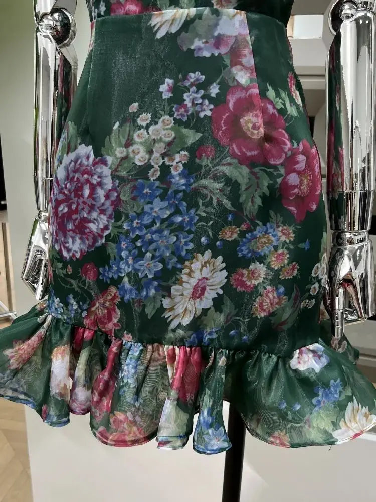 Xajzpa Summer New Hot Holiday Flower Women's Outfit Nightclub Thin Ruffle Evening Party Celebrity Design Tank Top Two Piece Set Dress