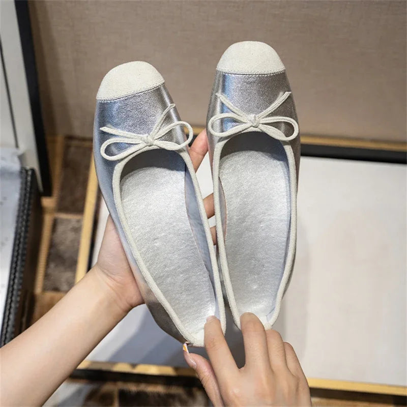 xajzpa Breathable Silk Ballerinas Ballet Flats Women Summer Autumn Slip On Loafers Square Toe Bowknot Flat Casual Shoes