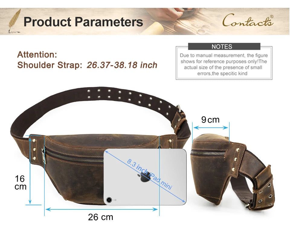 Xajzpa Genuine Leather Waist Bags Crazy Horse Leather Men Waist Pack Hip Bum Bag Crossbody Bag Travel Bag for 8.3" iPad Mini