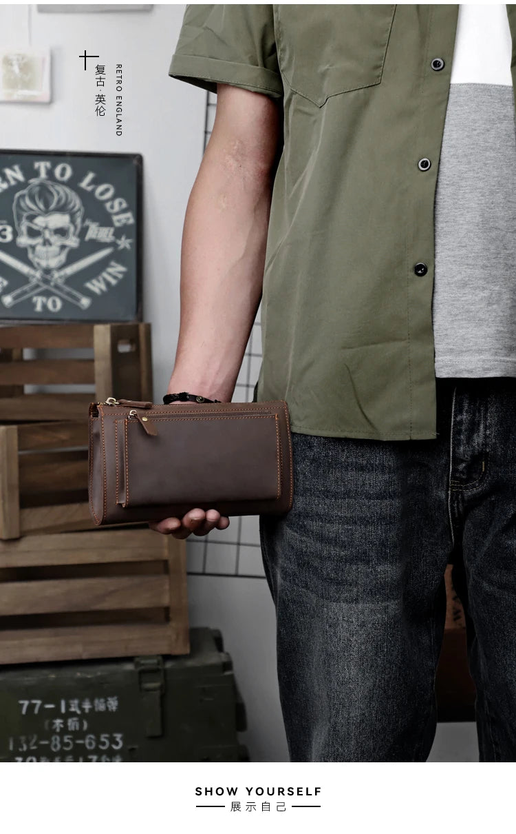 Xajzpa Crazy Horse Leather Men Long Purse Wallet Credit Card Zipper Wallets Male Clutch Bag with Phone Pocket Business Long Wallet