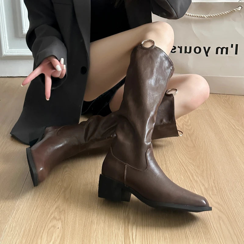 Xajzpa New Style Women's Designer Winter Vintage Women Knee High Boot Concise Slip On Thick Heel Shoes Square Toe Knight Long Booties