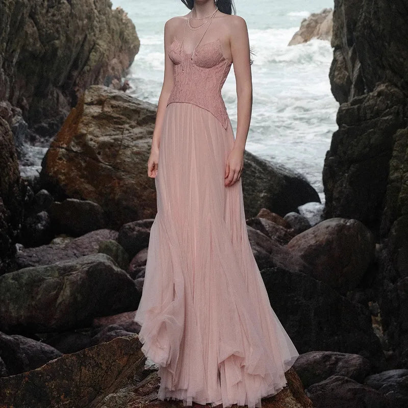 Xajzpa Fashion Lace Mesh Dress Women's Strapless Fishbone Waist Retraction A Line Dresses 2025 Summer New Tide