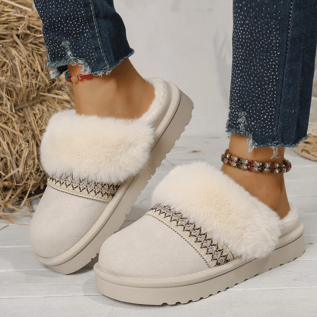 Xajzpa Winter Women Short Plush Warm Snow Boots Casual Cotton half slippers Suede Fur Chelsea Ankle Boots Flats Platform Shoes Botas