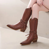 Xajzpa New Faux Leather Retro Western Boots Women Rivet Belt Buckle Mid Calf Boots Square High Heels Punk Cowboy Boots