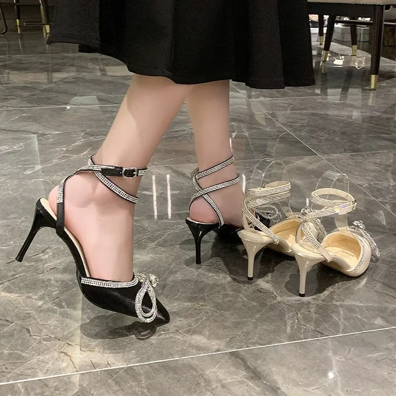 Xajzpa Banquet Dress White High Heels Elegant Temperament Dress Wedding Shoes Rhinestone Pointed Hollow Toe Sexy Sandals for Women