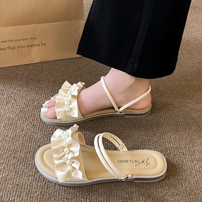 Xajzpa Slippers Women Summer Luxury Slides String Bead Flat Shoes Female Pantofle Designer Soft 2025 Scandals Slippers Women Summer Sli