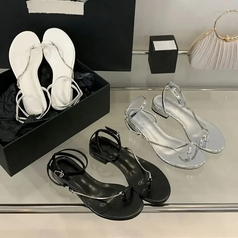 Xajzpa Summer Fashion Clip Toe Sandals Women Buckle Strap Thin Low Heels Chain Narrow Band Silver Party Dress Shoes